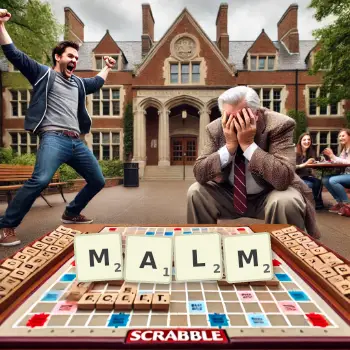 Kreative Illustration für ein Scrabble-Spiel, bei dem das Wort MALM mit Steinen auf dem Brett gelegt wurde.