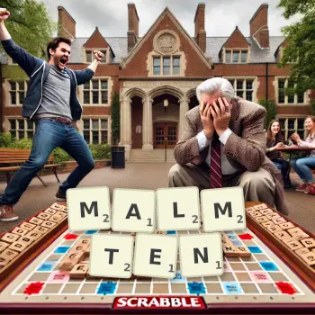 Kreative Illustration für ein Scrabble-Spiel, bei dem das Wort MALMTEN mit Steinen auf dem Brett gelegt wurde.