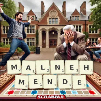 Kreative Illustration für ein Scrabble-Spiel, bei dem das Wort MALNEHMENDE mit Steinen auf dem Brett gelegt wurde.