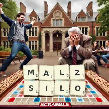 Kreative Illustration für ein Scrabble-Spiel, bei dem das Wort MALZSILO mit Steinen auf dem Brett gelegt wurde.