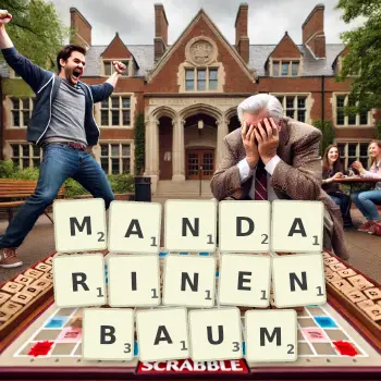 Kreative Illustration für ein Scrabble-Spiel, bei dem das Wort MANDARINENBAUM mit Steinen auf dem Brett gelegt wurde.
