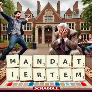 Kreative Illustration für ein Scrabble-Spiel, bei dem das Wort MANDATIERTEM mit Steinen auf dem Brett gelegt wurde.