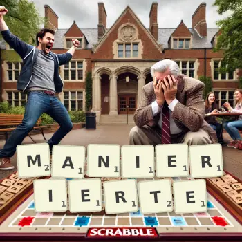 Kreative Illustration für ein Scrabble-Spiel, bei dem das Wort MANIERIERTE mit Steinen auf dem Brett gelegt wurde.