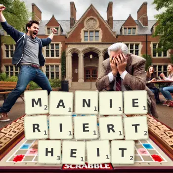 Kreative Illustration für ein Scrabble-Spiel, bei dem das Wort MANIERIERTHEIT mit Steinen auf dem Brett gelegt wurde.