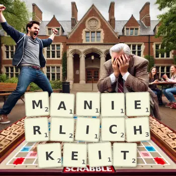 Kreative Illustration für ein Scrabble-Spiel, bei dem das Wort MANIERLICHKEIT mit Steinen auf dem Brett gelegt wurde.
