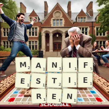 Kreative Illustration für ein Scrabble-Spiel, bei dem das Wort MANIFESTIEREN mit Steinen auf dem Brett gelegt wurde.