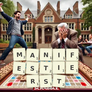Kreative Illustration für ein Scrabble-Spiel, bei dem das Wort MANIFESTIERST mit Steinen auf dem Brett gelegt wurde.