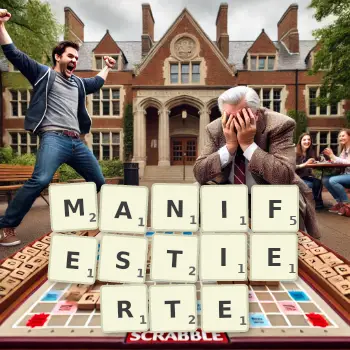 Kreative Illustration für ein Scrabble-Spiel, bei dem das Wort MANIFESTIERTE mit Steinen auf dem Brett gelegt wurde.