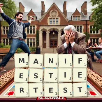 Kreative Illustration für ein Scrabble-Spiel, bei dem das Wort MANIFESTIERTEST mit Steinen auf dem Brett gelegt wurde.