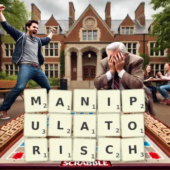 Kreative Illustration für ein Scrabble-Spiel, bei dem das Wort MANIPULATORISCH mit Steinen auf dem Brett gelegt wurde.