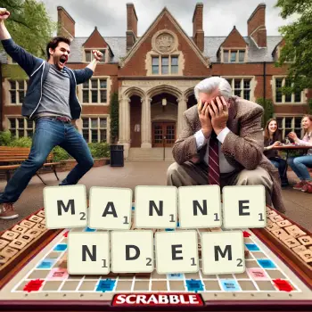 Kreative Illustration für ein Scrabble-Spiel, bei dem das Wort MANNENDEM mit Steinen auf dem Brett gelegt wurde.