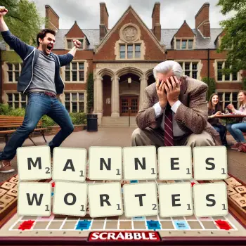 Kreative Illustration für ein Scrabble-Spiel, bei dem das Wort MANNESWORTES mit Steinen auf dem Brett gelegt wurde.