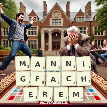 Kreative Illustration für ein Scrabble-Spiel, bei dem das Wort MANNIGFACHEREM mit Steinen auf dem Brett gelegt wurde.