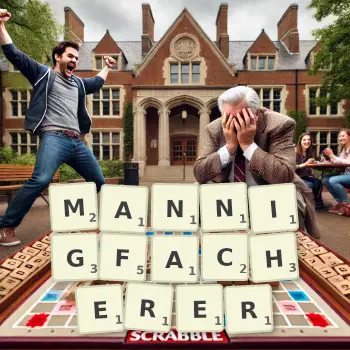 Kreative Illustration für ein Scrabble-Spiel, bei dem das Wort MANNIGFACHERER mit Steinen auf dem Brett gelegt wurde.