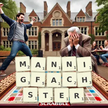 Kreative Illustration für ein Scrabble-Spiel, bei dem das Wort MANNIGFACHSTER mit Steinen auf dem Brett gelegt wurde.