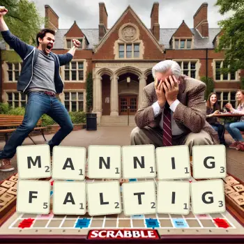 Kreative Illustration für ein Scrabble-Spiel, bei dem das Wort MANNIGFALTIG mit Steinen auf dem Brett gelegt wurde.