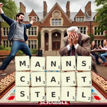 Kreative Illustration für ein Scrabble-Spiel, bei dem das Wort MANNSCHAFTSTEIL mit Steinen auf dem Brett gelegt wurde.