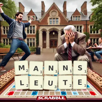 Kreative Illustration für ein Scrabble-Spiel, bei dem das Wort MANNSLEUTE mit Steinen auf dem Brett gelegt wurde.