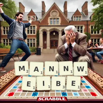 Kreative Illustration für ein Scrabble-Spiel, bei dem das Wort MANNWEIBE mit Steinen auf dem Brett gelegt wurde.