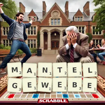 Kreative Illustration für ein Scrabble-Spiel, bei dem das Wort MANTELGEWEBE mit Steinen auf dem Brett gelegt wurde.