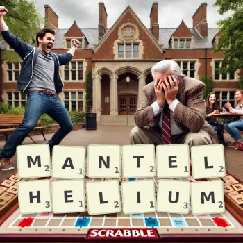 Kreative Illustration für ein Scrabble-Spiel, bei dem das Wort MANTELHELIUM mit Steinen auf dem Brett gelegt wurde.