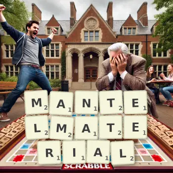 Kreative Illustration für ein Scrabble-Spiel, bei dem das Wort MANTELMATERIAL mit Steinen auf dem Brett gelegt wurde.