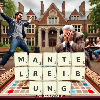 Kreative Illustration für ein Scrabble-Spiel, bei dem das Wort MANTELREIBUNG mit Steinen auf dem Brett gelegt wurde.
