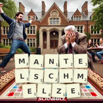 Kreative Illustration für ein Scrabble-Spiel, bei dem das Wort MANTELSCHMELZE mit Steinen auf dem Brett gelegt wurde.