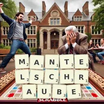 Kreative Illustration für ein Scrabble-Spiel, bei dem das Wort MANTELSCHRAUBE mit Steinen auf dem Brett gelegt wurde.
