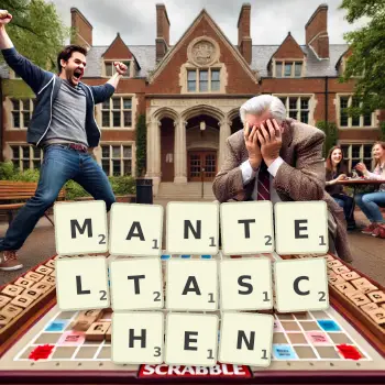 Kreative Illustration für ein Scrabble-Spiel, bei dem das Wort MANTELTASCHEN mit Steinen auf dem Brett gelegt wurde.