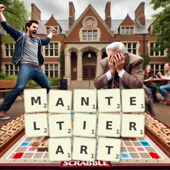 Kreative Illustration für ein Scrabble-Spiel, bei dem das Wort MANTELTIERART mit Steinen auf dem Brett gelegt wurde.