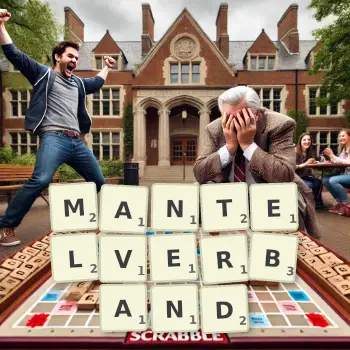 Kreative Illustration für ein Scrabble-Spiel, bei dem das Wort MANTELVERBAND mit Steinen auf dem Brett gelegt wurde.