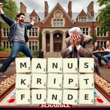 Kreative Illustration für ein Scrabble-Spiel, bei dem das Wort MANUSKRIPTFUNDE mit Steinen auf dem Brett gelegt wurde.