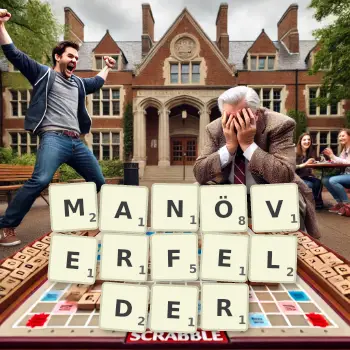 Kreative Illustration für ein Scrabble-Spiel, bei dem das Wort MANÖVERFELDER mit Steinen auf dem Brett gelegt wurde.