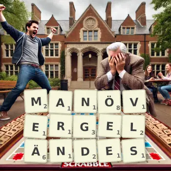 Kreative Illustration für ein Scrabble-Spiel, bei dem das Wort MANÖVERGELÄNDES mit Steinen auf dem Brett gelegt wurde.