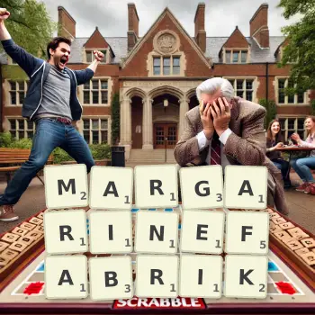Kreative Illustration für ein Scrabble-Spiel, bei dem das Wort MARGARINEFABRIK mit Steinen auf dem Brett gelegt wurde.