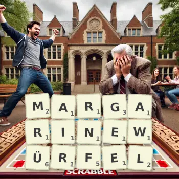 Kreative Illustration für ein Scrabble-Spiel, bei dem das Wort MARGARINEWÜRFEL mit Steinen auf dem Brett gelegt wurde.