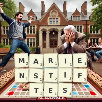 Kreative Illustration für ein Scrabble-Spiel, bei dem das Wort MARIENSTIFTES mit Steinen auf dem Brett gelegt wurde.