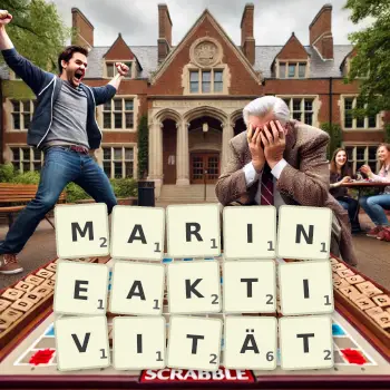 Kreative Illustration für ein Scrabble-Spiel, bei dem das Wort MARINEAKTIVITÄT mit Steinen auf dem Brett gelegt wurde.