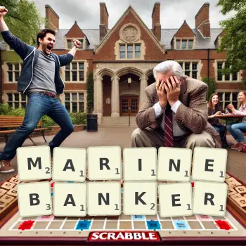 Kreative Illustration für ein Scrabble-Spiel, bei dem das Wort MARINEBANKER mit Steinen auf dem Brett gelegt wurde.
