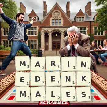 Kreative Illustration für ein Scrabble-Spiel, bei dem das Wort MARINEDENKMALES mit Steinen auf dem Brett gelegt wurde.