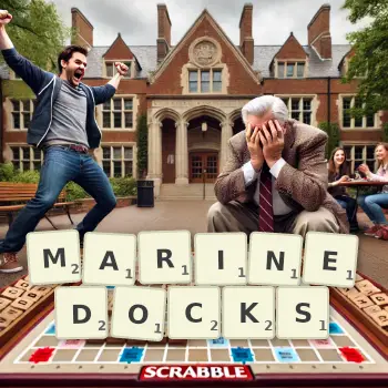Kreative Illustration für ein Scrabble-Spiel, bei dem das Wort MARINEDOCKS mit Steinen auf dem Brett gelegt wurde.