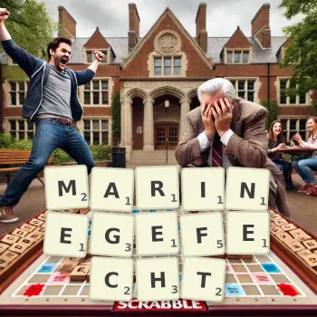 Kreative Illustration für ein Scrabble-Spiel, bei dem das Wort MARINEGEFECHT mit Steinen auf dem Brett gelegt wurde.