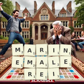 Kreative Illustration für ein Scrabble-Spiel, bei dem das Wort MARINEMALEREI mit Steinen auf dem Brett gelegt wurde.