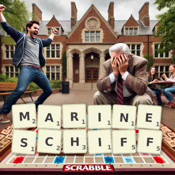 Kreative Illustration für ein Scrabble-Spiel, bei dem das Wort MARINESCHIFF mit Steinen auf dem Brett gelegt wurde.