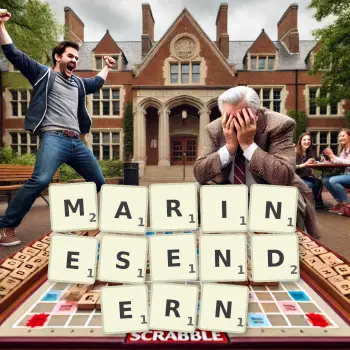 Kreative Illustration für ein Scrabble-Spiel, bei dem das Wort MARINESENDERN mit Steinen auf dem Brett gelegt wurde.