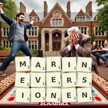 Kreative Illustration für ein Scrabble-Spiel, bei dem das Wort MARINEVERSIONEN mit Steinen auf dem Brett gelegt wurde.