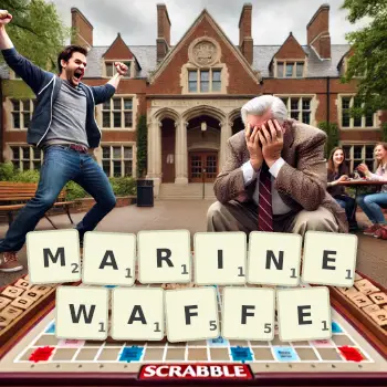 Kreative Illustration für ein Scrabble-Spiel, bei dem das Wort MARINEWAFFE mit Steinen auf dem Brett gelegt wurde.