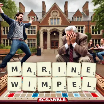 Kreative Illustration für ein Scrabble-Spiel, bei dem das Wort MARINEWIMPEL mit Steinen auf dem Brett gelegt wurde.