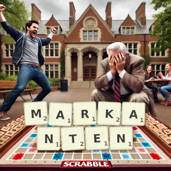 Kreative Illustration für ein Scrabble-Spiel, bei dem das Wort MARKANTEN mit Steinen auf dem Brett gelegt wurde.